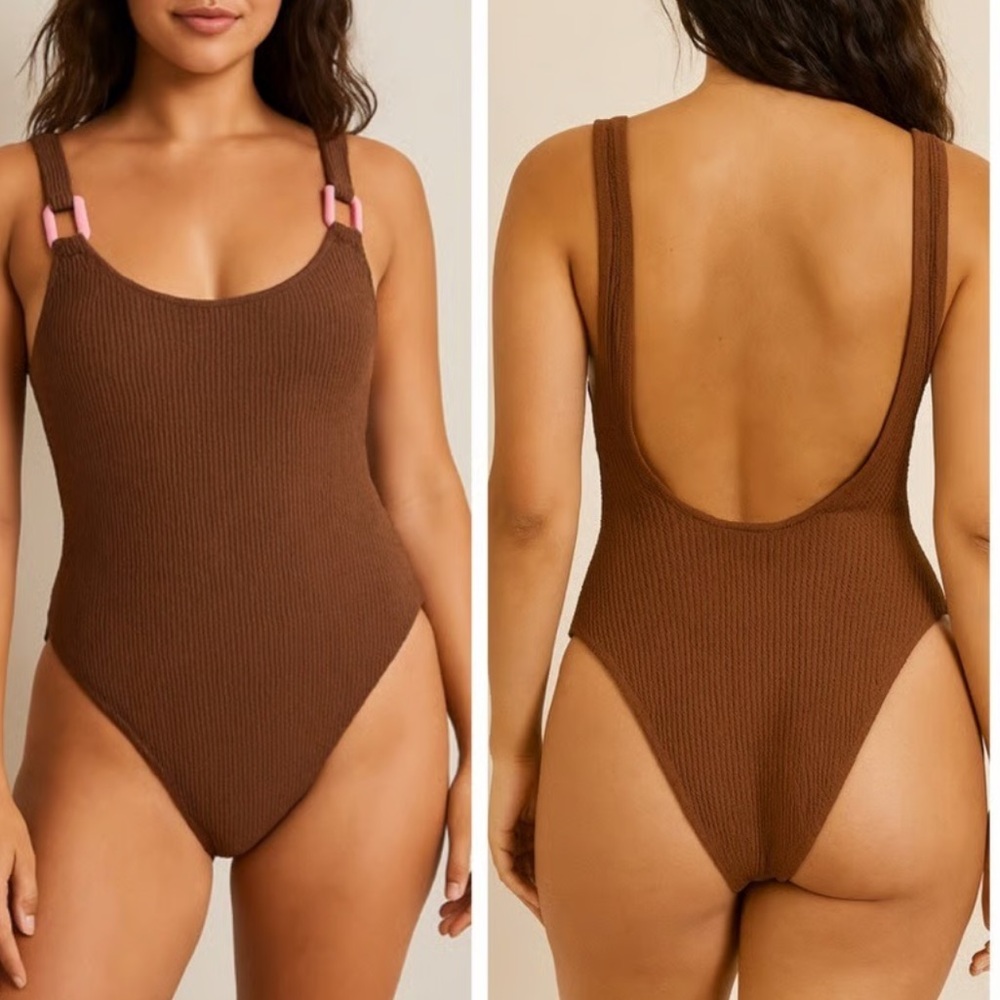 Aerie Crinkle Birthday Scoop Cheekiest One Piece Swimsuit Brown Pink Size S NWT